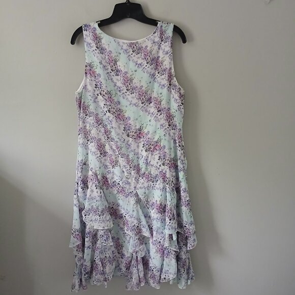 Nina Leonard Size 12 Sleeveless Midi Layered Ruffle Hem Dress Floral Blue Pink - Picture 13 of 16